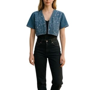 Y2K 90s Vintage Sketches Embroidered Denim Jacket Bolero Crop Blue Light Wash 4